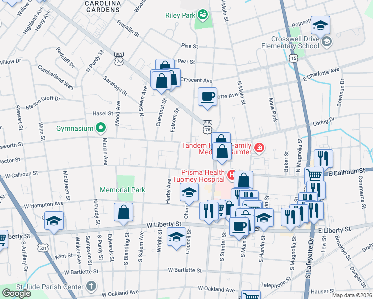 map of restaurants, bars, coffee shops, grocery stores, and more near 213 Church Street in Sumter