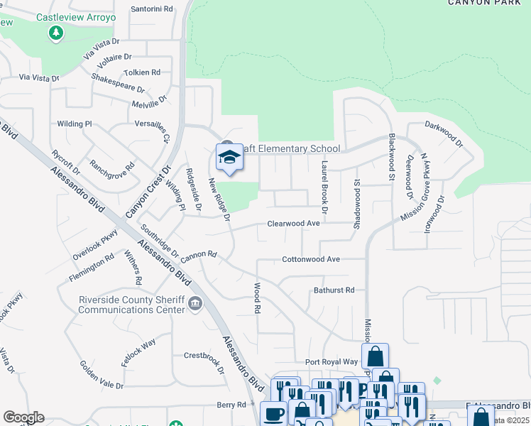 map of restaurants, bars, coffee shops, grocery stores, and more near 107 Acacia Glen Drive in Riverside