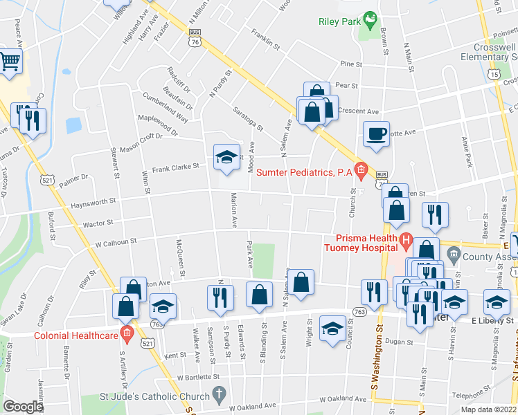 map of restaurants, bars, coffee shops, grocery stores, and more near 14 Orchard Place in Sumter