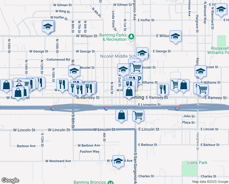 map of restaurants, bars, coffee shops, grocery stores, and more near 86 North 3rd Street in Banning