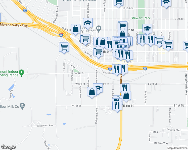map of restaurants, bars, coffee shops, grocery stores, and more near 332 Walnut Street in Beaumont