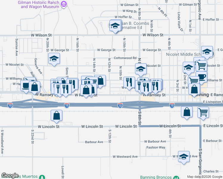 map of restaurants, bars, coffee shops, grocery stores, and more near 1174 West Hays Street in Banning