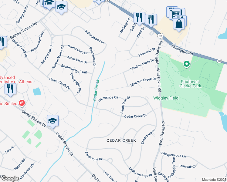 map of restaurants, bars, coffee shops, grocery stores, and more near 175 Horseshoe Circle in Athens
