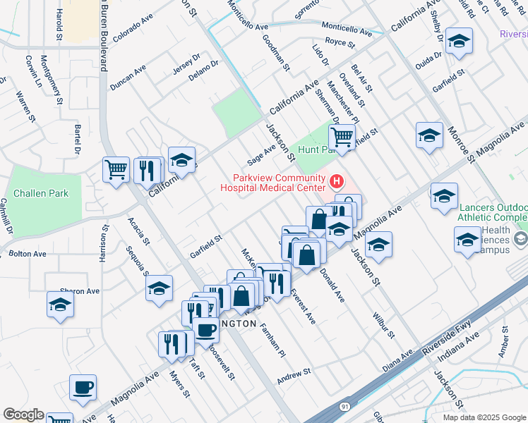 map of restaurants, bars, coffee shops, grocery stores, and more near 9244 Garfield Street in Riverside