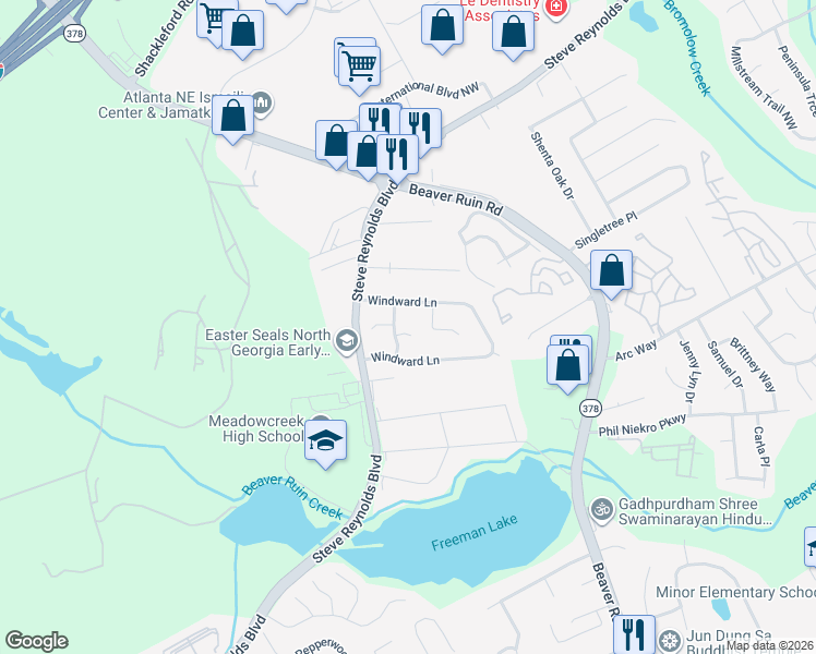 map of restaurants, bars, coffee shops, grocery stores, and more near 4401 Tressle Court in Norcross