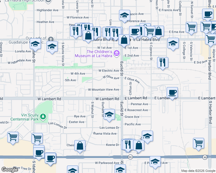map of restaurants, bars, coffee shops, grocery stores, and more near 217 West Mountain View Avenue in La Habra