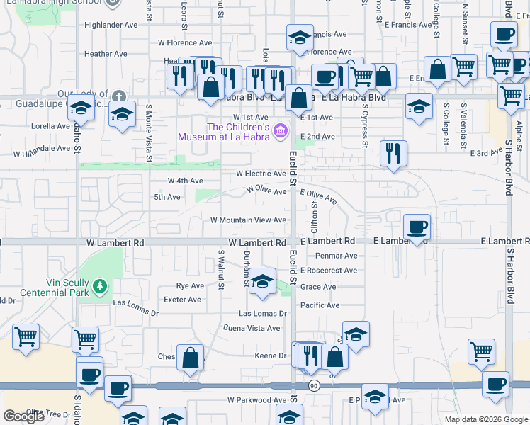 map of restaurants, bars, coffee shops, grocery stores, and more near 211 West Mountain View Avenue in La Habra