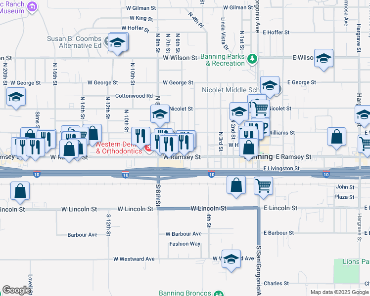 map of restaurants, bars, coffee shops, grocery stores, and more near 501 West Ramsey Street in Banning