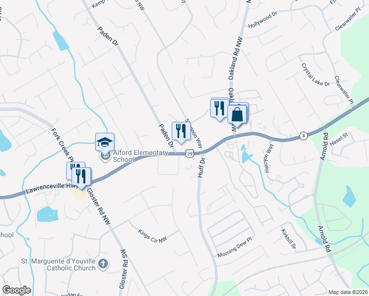 map of restaurants, bars, coffee shops, grocery stores, and more near 2449 Lawrenceville Highway in Lawrenceville