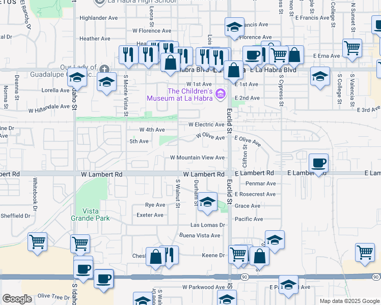 map of restaurants, bars, coffee shops, grocery stores, and more near 409 West Mountain View Avenue in La Habra