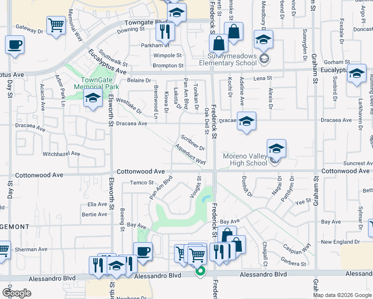 map of restaurants, bars, coffee shops, grocery stores, and more near 22880 Aqueduct Way in Moreno Valley