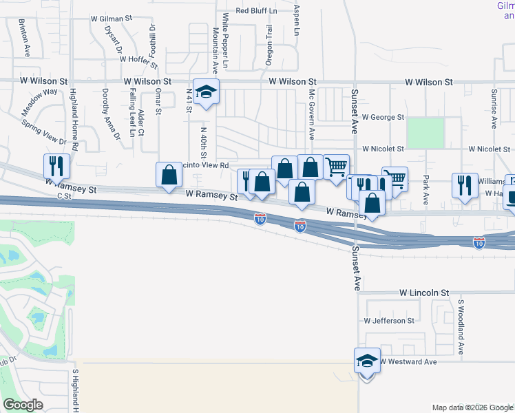 map of restaurants, bars, coffee shops, grocery stores, and more near 3694 West Ramsey Street in Banning