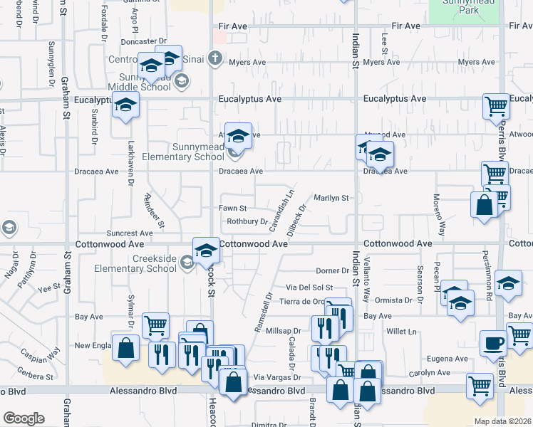 map of restaurants, bars, coffee shops, grocery stores, and more near 13450 Cavandish Lane in Moreno Valley