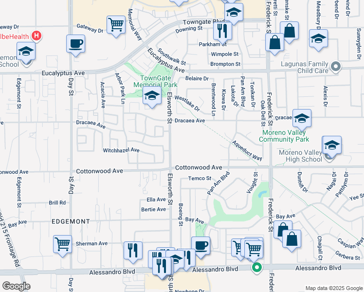 map of restaurants, bars, coffee shops, grocery stores, and more near 13400 Elsworth Street in Moreno Valley