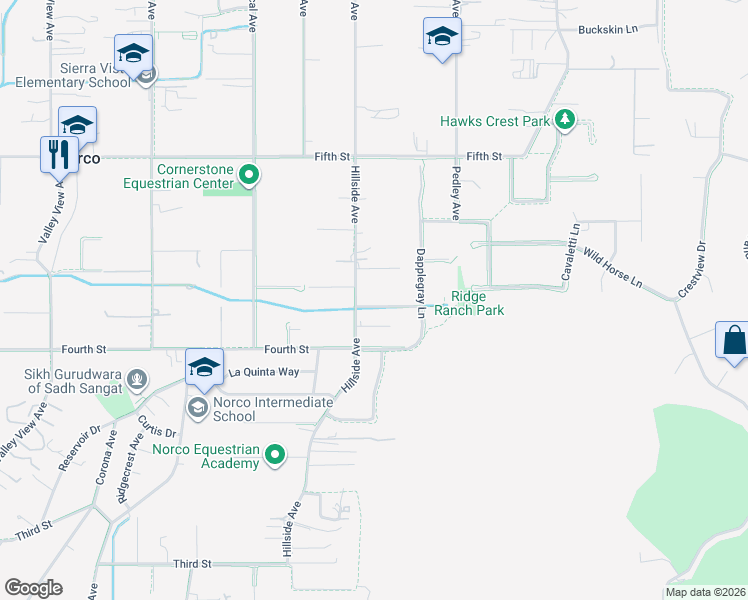 map of restaurants, bars, coffee shops, grocery stores, and more near 640 Vaughan Street in Norco