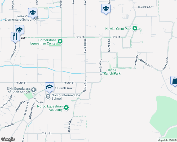 map of restaurants, bars, coffee shops, grocery stores, and more near 640 Vaughan Street in Norco