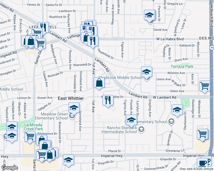 map of restaurants, bars, coffee shops, grocery stores, and more near 16263 Sugargrove Drive in Whittier