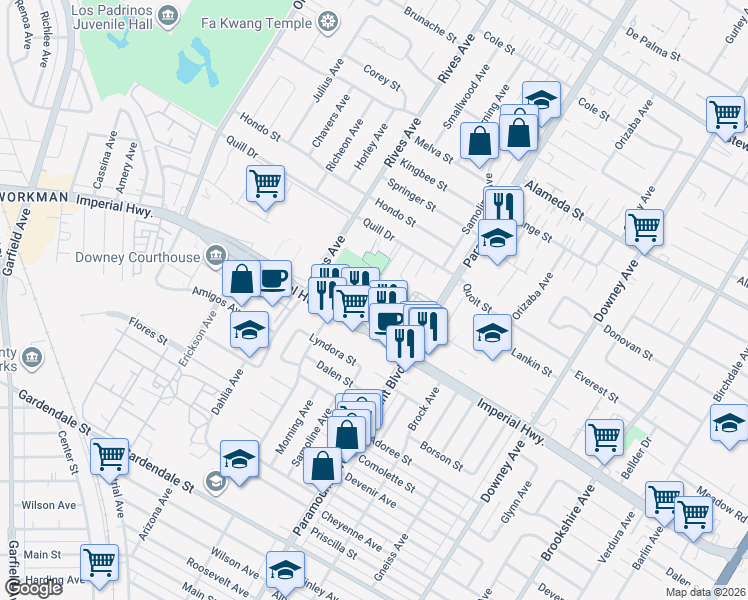 map of restaurants, bars, coffee shops, grocery stores, and more near 7911 Imperial Highway in Downey
