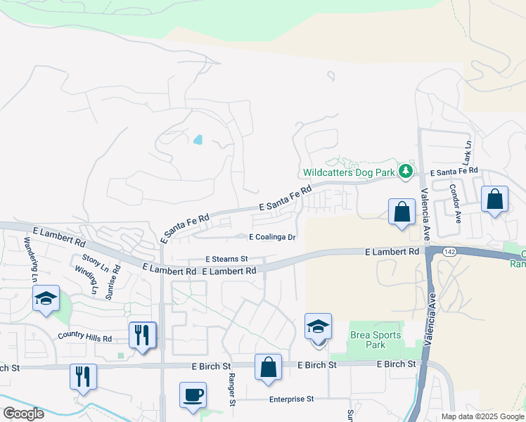 map of restaurants, bars, coffee shops, grocery stores, and more near 2980 East Santa Fe Road in Brea