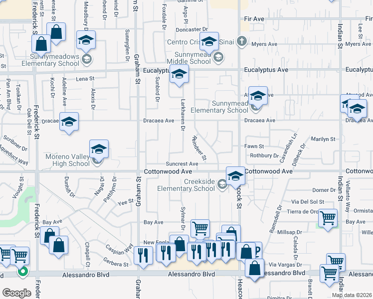 map of restaurants, bars, coffee shops, grocery stores, and more near 13434 Larkhaven Drive in Moreno Valley