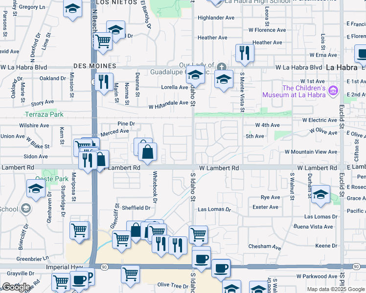 map of restaurants, bars, coffee shops, grocery stores, and more near 1230 Wisteria Avenue in La Habra