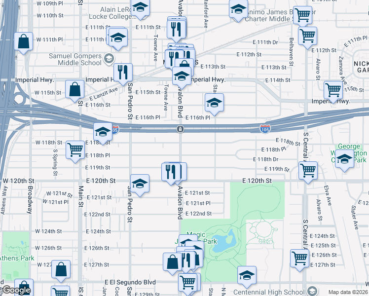 map of restaurants, bars, coffee shops, grocery stores, and more near 618 East 118th Place in Los Angeles