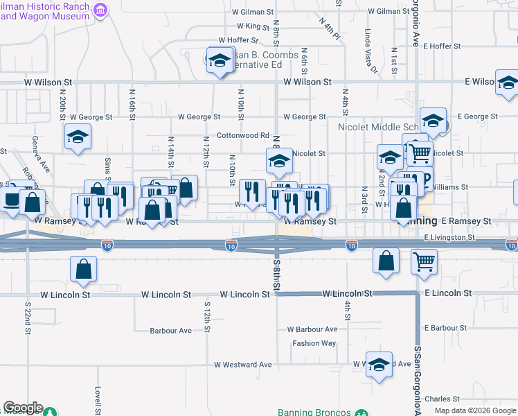 map of restaurants, bars, coffee shops, grocery stores, and more near 887 West Ramsey Street in Banning