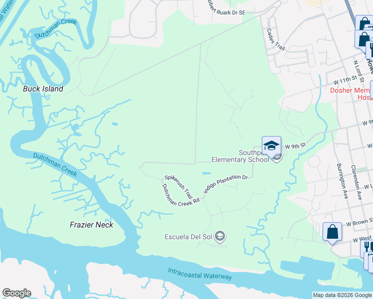 map of restaurants, bars, coffee shops, grocery stores, and more near 6013 Spikerush Trail in Southport