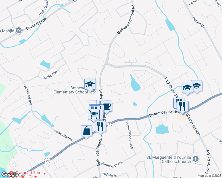 map of restaurants, bars, coffee shops, grocery stores, and more near Autumn Bluff Drive in Lawrenceville