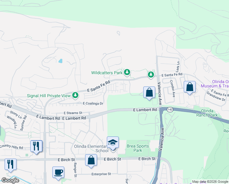 map of restaurants, bars, coffee shops, grocery stores, and more near 3174 East Piru Lane in Brea