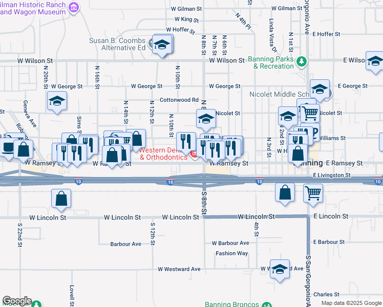 map of restaurants, bars, coffee shops, grocery stores, and more near 887 West Ramsey Street in Banning