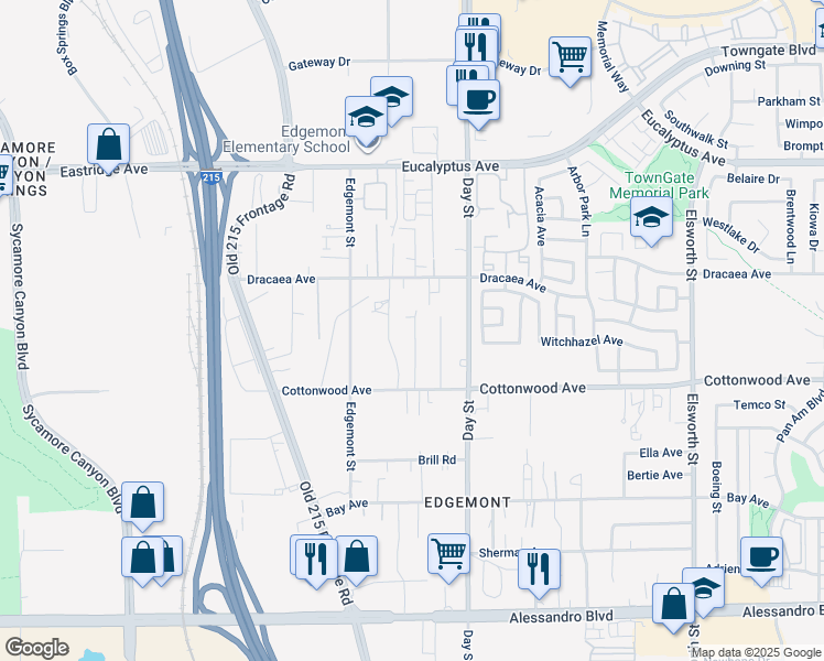 map of restaurants, bars, coffee shops, grocery stores, and more near 13410 Barbara Street in Moreno Valley