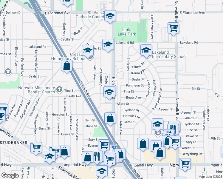 map of restaurants, bars, coffee shops, grocery stores, and more near 11622 Pioneer Boulevard in Norwalk