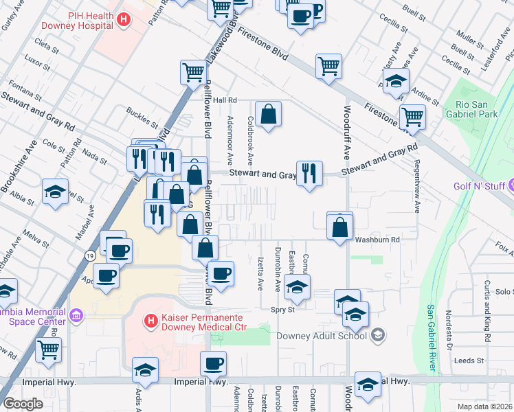 map of restaurants, bars, coffee shops, grocery stores, and more near 9320 Elm Vista Drive in Downey