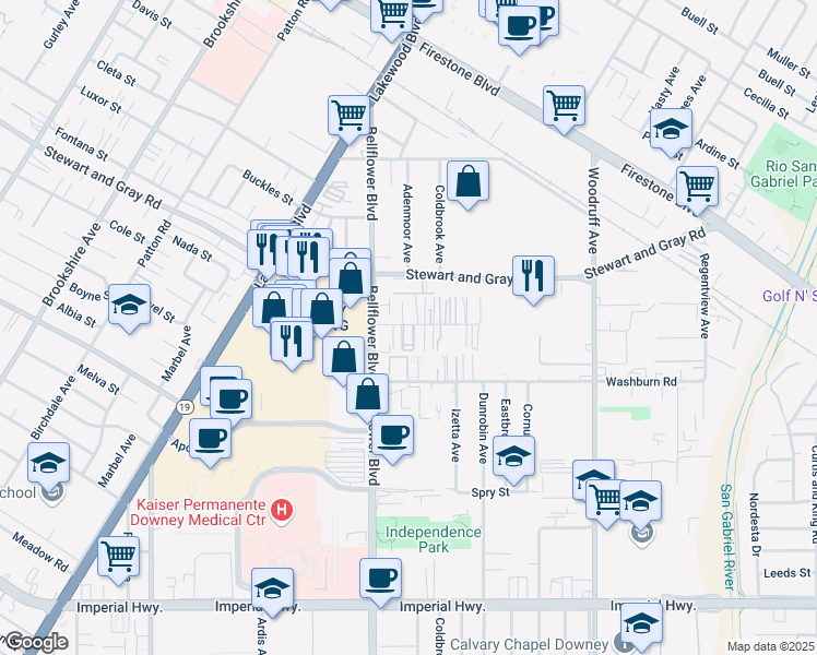 map of restaurants, bars, coffee shops, grocery stores, and more near 7258 Elm Vista Drive in Downey