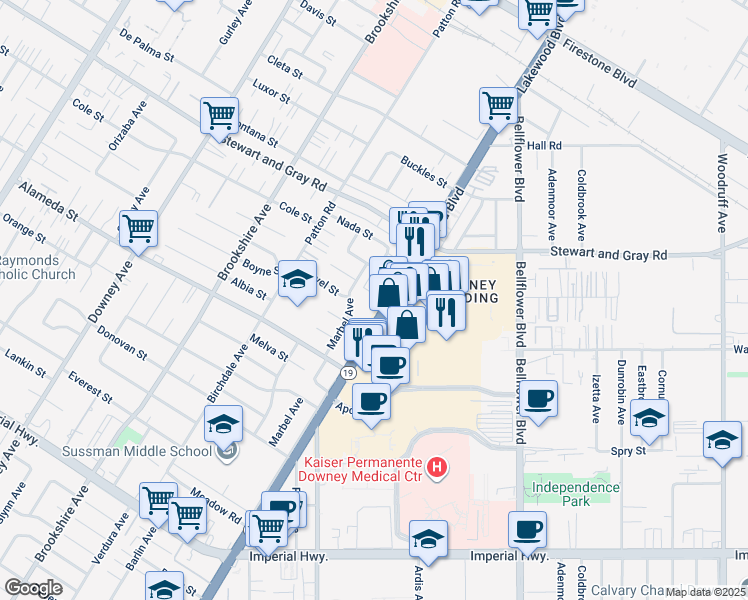 map of restaurants, bars, coffee shops, grocery stores, and more near 12140 Lakewood Boulevard in Downey