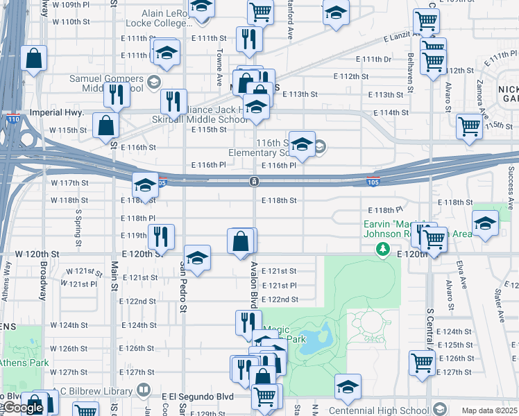 map of restaurants, bars, coffee shops, grocery stores, and more near 618 East 118th Place in Los Angeles