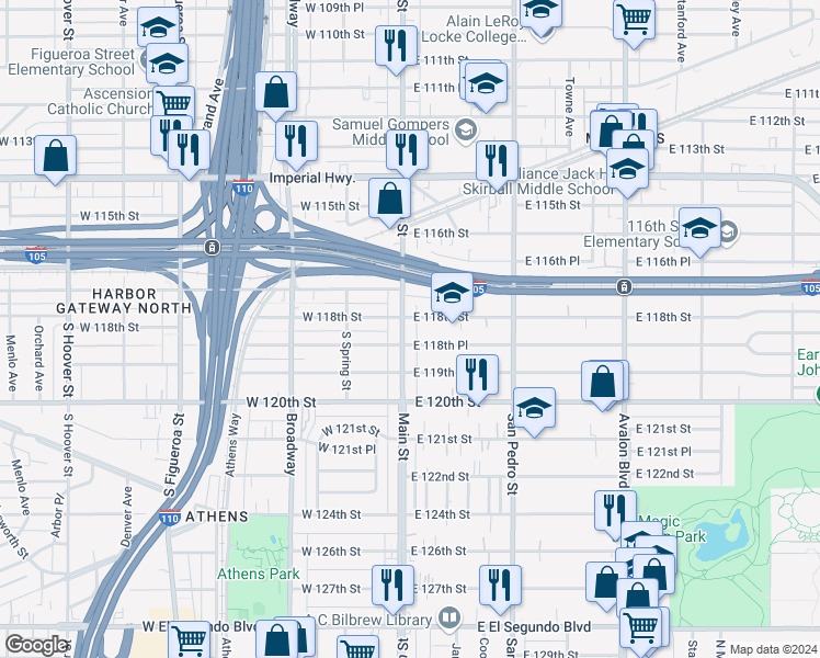map of restaurants, bars, coffee shops, grocery stores, and more near 11848 South Main Street in Los Angeles