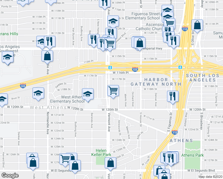 map of restaurants, bars, coffee shops, grocery stores, and more near 11818 South Vermont Avenue in Los Angeles
