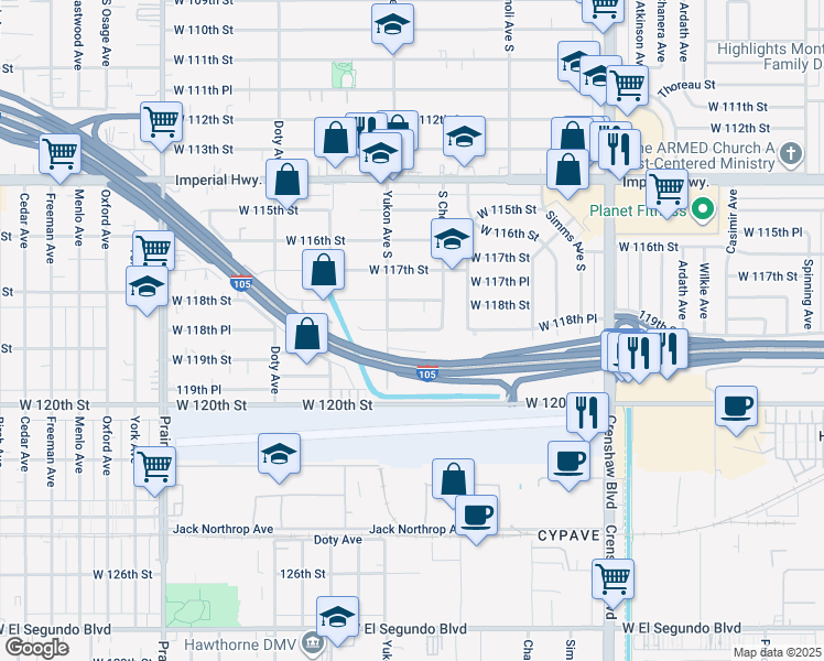 map of restaurants, bars, coffee shops, grocery stores, and more near 3531 West 119th Court in Inglewood