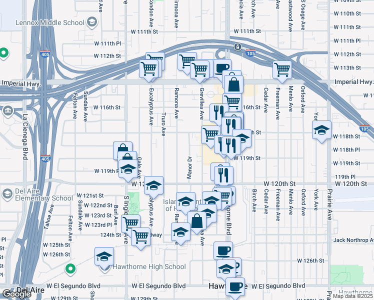 map of restaurants, bars, coffee shops, grocery stores, and more near 11895 Manor Drive in Hawthorne