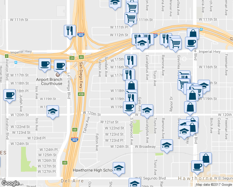 map of restaurants, bars, coffee shops, grocery stores, and more near 4904 West 119th Street in Hawthorne