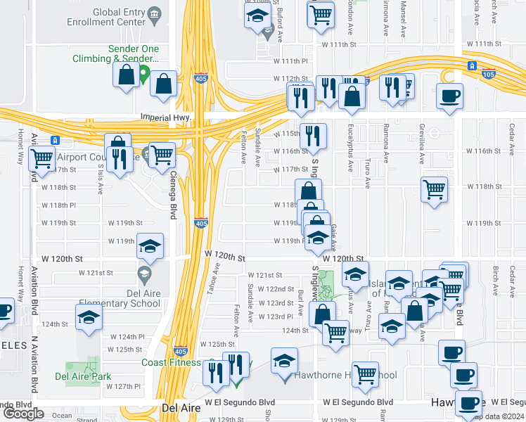 map of restaurants, bars, coffee shops, grocery stores, and more near 4940 West 119th Street in Hawthorne