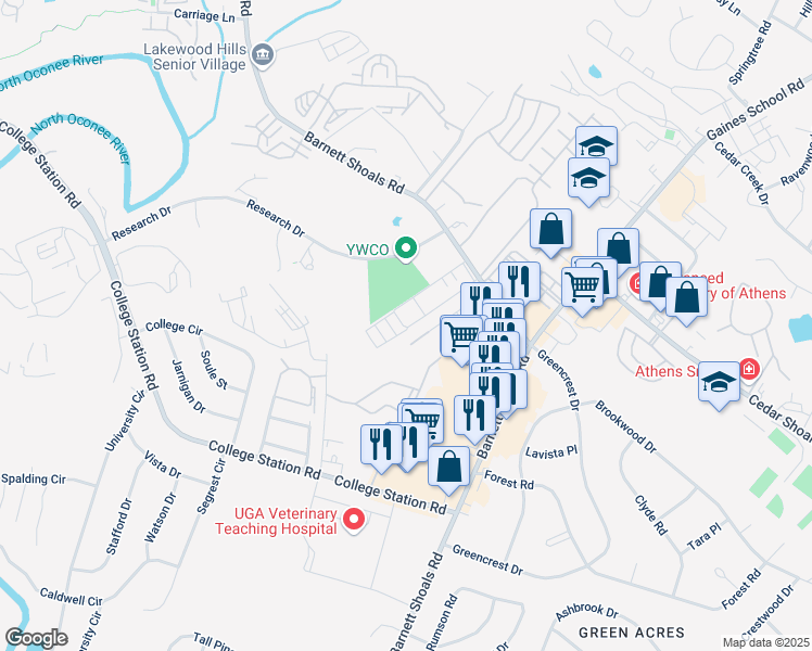 map of restaurants, bars, coffee shops, grocery stores, and more near 175 Dennis Drive in Athens