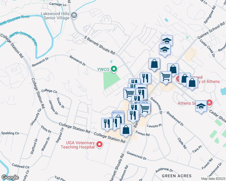map of restaurants, bars, coffee shops, grocery stores, and more near 175 Dennis Drive in Athens