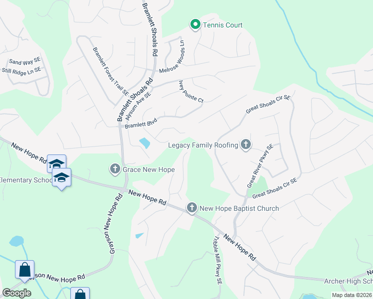 map of restaurants, bars, coffee shops, grocery stores, and more near 1283 Ida Woods Lane Southeast in Lawrenceville