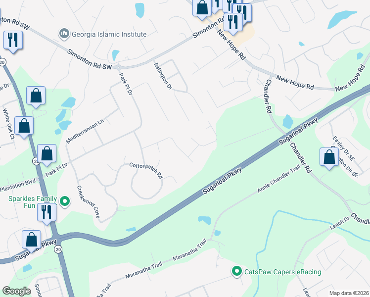 map of restaurants, bars, coffee shops, grocery stores, and more near 11 Stone Wood Way in Lawrenceville