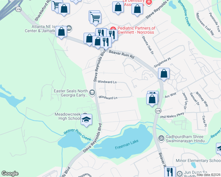 map of restaurants, bars, coffee shops, grocery stores, and more near 4400 Tressle Court in Norcross