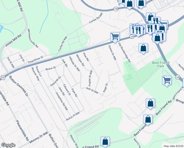 map of restaurants, bars, coffee shops, grocery stores, and more near 5867 Poplar Street Northwest in Doraville