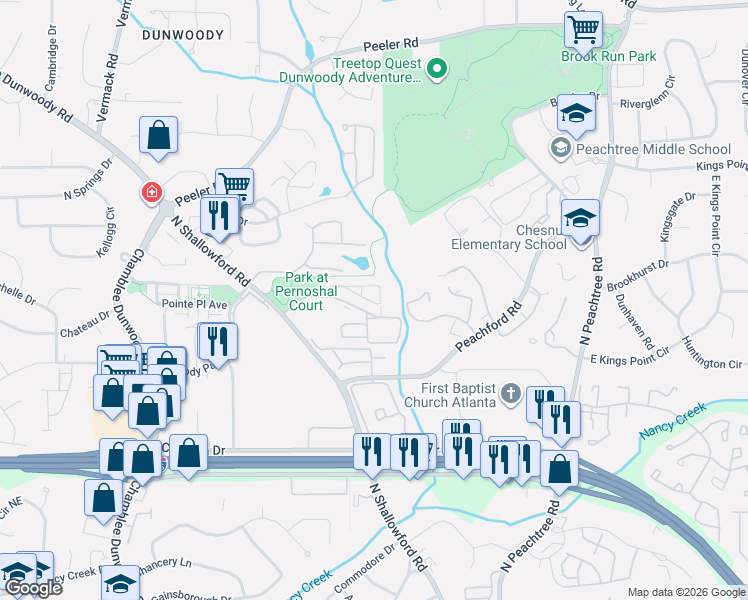 map of restaurants, bars, coffee shops, grocery stores, and more near 2257 Pernoshal Court in Dunwoody